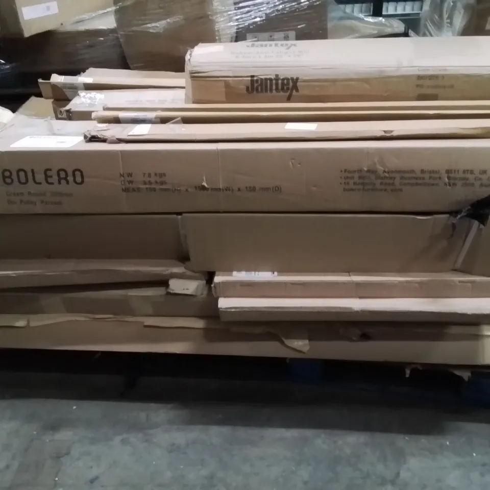 PALLET OF ASSORTED HOUSEHOLD GOODS AND PRODUCTS TO INCLUDE;ANTI FATIGUE MAT,PARASOL,SHELVING UNIT,WHITE BOARDS
