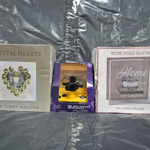 BOX OF APPROXIMATELY 10 ASSORTED HOUSEHOLD ITEMS TO INCLUDE POP SHOT, ROSE GOLD GLITTER TEA LIGHT HOLDER, CRYSTAL HEARTS TEA LIGHT HOLDER, ETC - COLLECTION ONLY