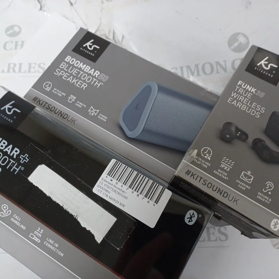 LOT OF 5 ASSORTED KITSOUND AUDIO ITEMS TO INCLUDE EARBUDS AND BLUETOOTH SPEAKERS