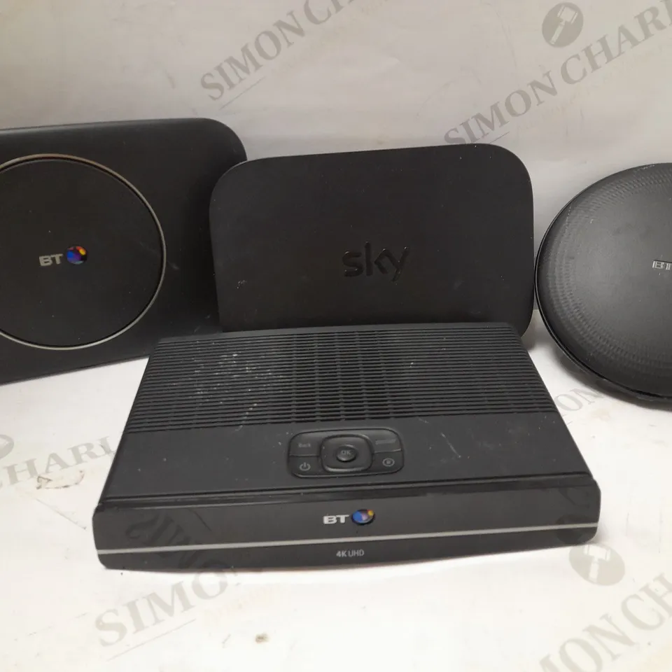 LOT OF 4 ASSORTED SET-UP BOXES TO INCLUDE BT WI-FI DISC, BT 4K UHD BOX, SKY WI-FI ROUTER, ETC