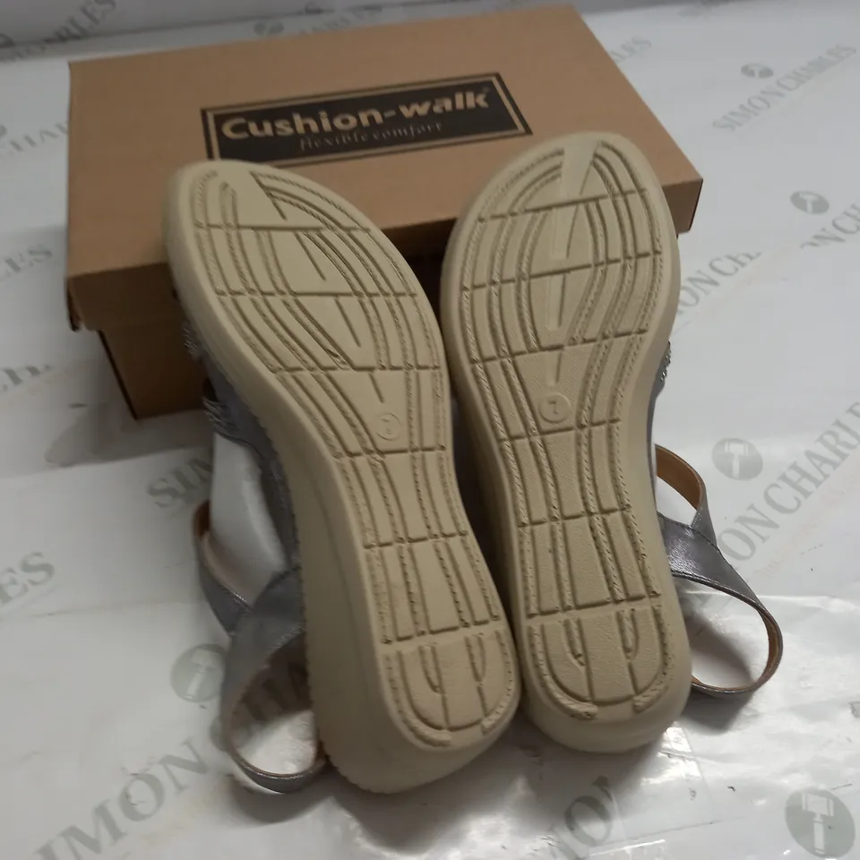 BOXED PAIR OF CUSHION WALKEMBELLISHED STRAPPY SANDALS IN PEWTER - SIZE 7