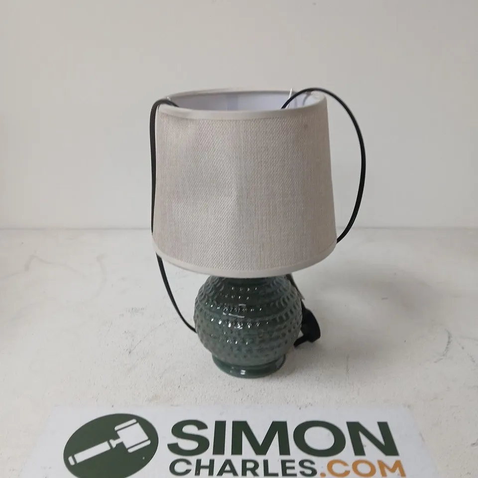 GREEN GLAZED CERAMIC TABLE LAMP WITH BEIGE FABRIC SHADE