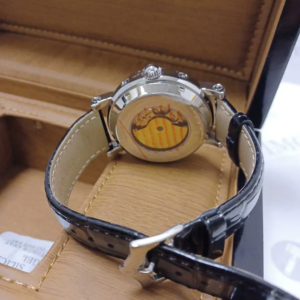 WILLIAM JOURDAIN PART SKELETON WAVE DIAL BLACK LEATHER STRAP WATCH