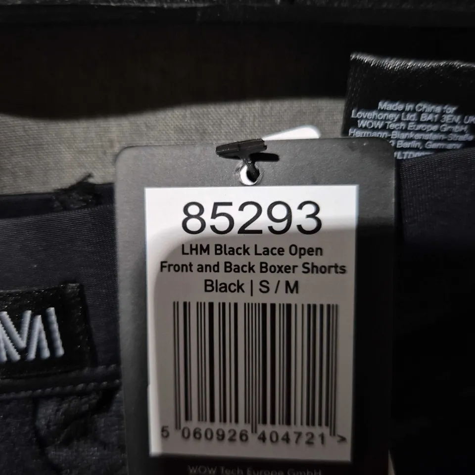 LOVELONEY LINGERIE BLACK LACE OPEN FRONT & BACK BOXER SHORTS, WOMEN, SIZE S/M