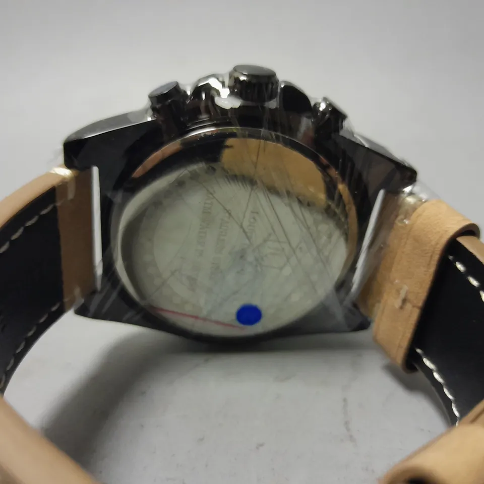 MENS LOUIS LACOMBE CHRONGRAPH WATCH – 3 SUB DIALS – BLACK CASE – LEATHER STRAP