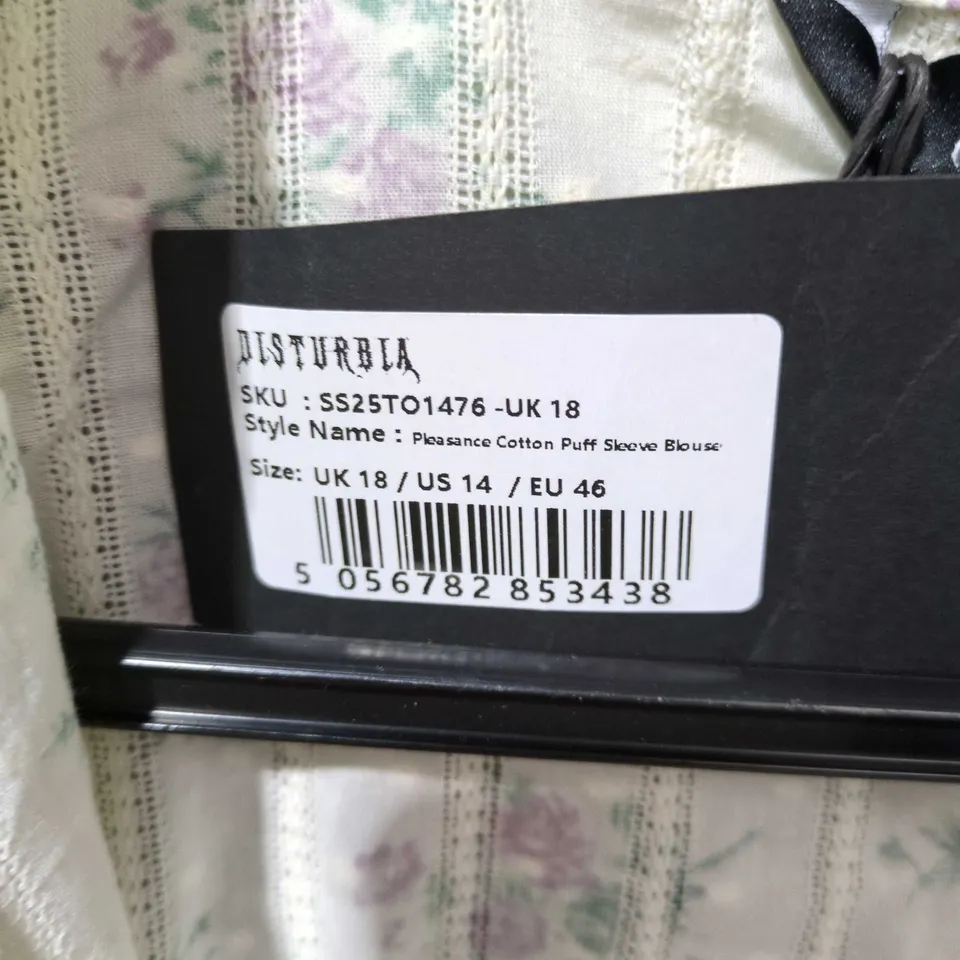 DISTURBIA PLEASANCE COTTON PUFF SLEEVE BLOUSE IN CREAM FLORAL UK 18