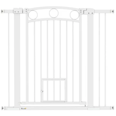 BOXED PAWHUT 96CM TALL DOG GATE WITH CAT DOOR, 7CM AND 14CM EXTENSIONS, FOR STAIRS, DOORWAYS, 76-104CM WIDTH (1 BOX)