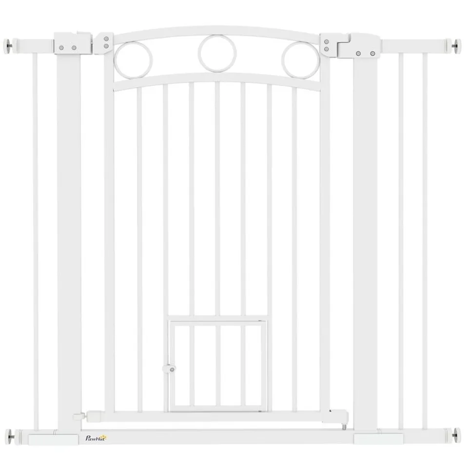 BOXED PAWHUT 96CM TALL DOG GATE WITH CAT DOOR, 7CM AND 14CM EXTENSIONS, FOR STAIRS, DOORWAYS, 76-104CM WIDTH (1 BOX)
