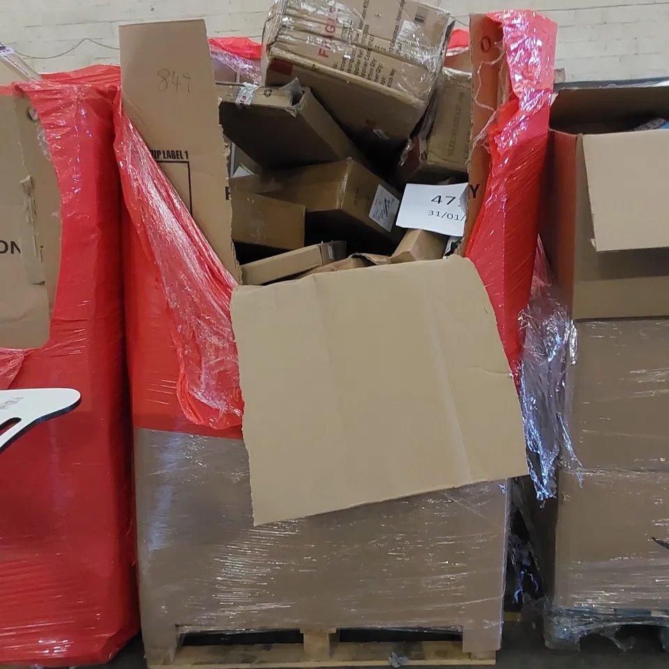 PALLET TO CONTAIN ASSORTED HOUSEHOLD ITEMS AND CONSUMER PRODUCTS. INCLUDING HEATER, CHRISTMAS LANTERN, BOXED FURNITURE ETC 