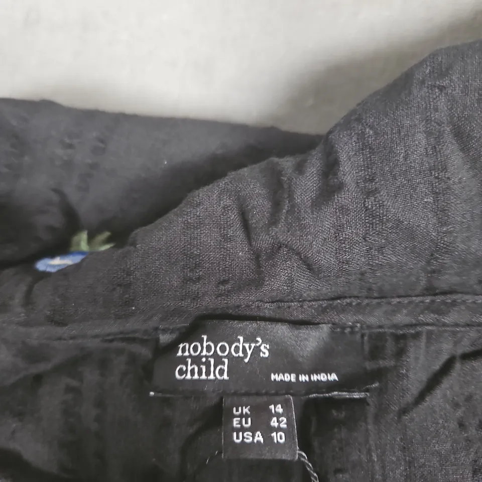 NOBODY'S CHILD BLACK FLORAL EMBROIDERED JACKET, UK 14 (EU 42, USA 10)
