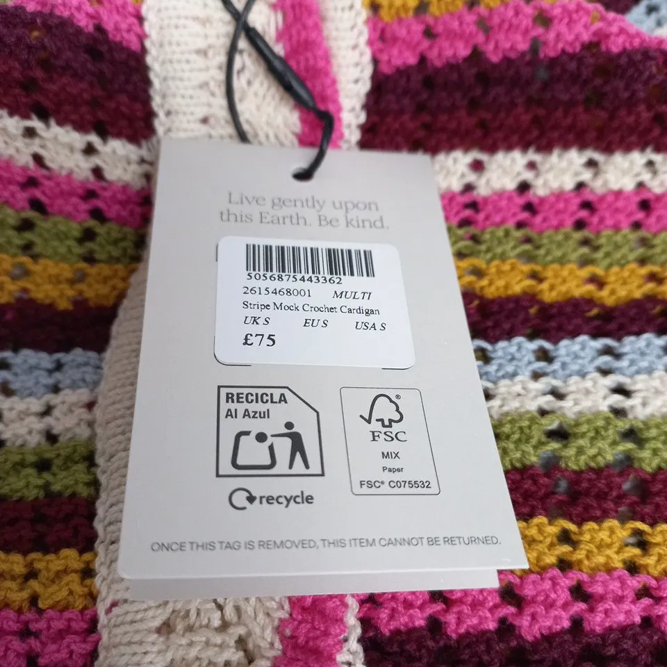 NOBODY'S CHILD WOMEN'S MULTI-STRIPE MOCK CROCHET CARDIGAN – UK SIZE S