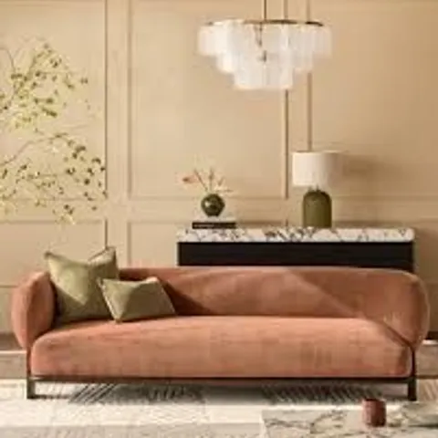 BOXED DANETTI FLORENCE APRICOT CHENILLE WITH DARK WOOD 3 SEATER SOFA