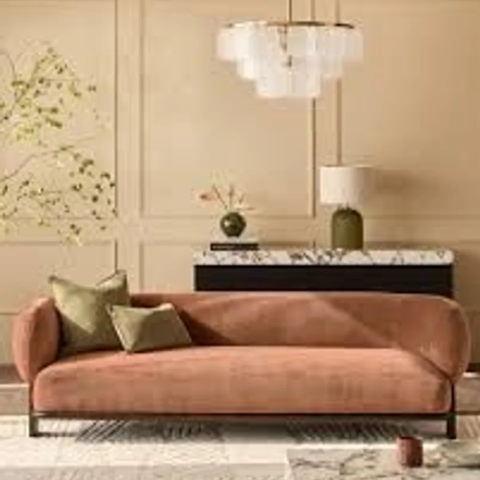 BOXED DANETTI FLORENCE APRICOT CHENILLE WITH DARK WOOD 3 SEATER SOFA