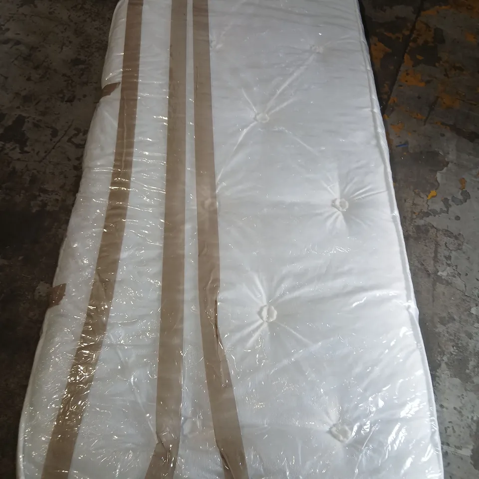 WHITE TUFTED 2'6" MATTRESS WRAPPED IN PLASTIC