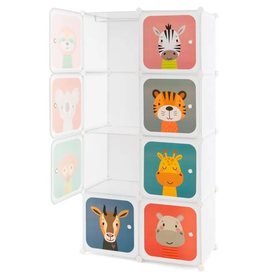 BOXED COSTWAY 8-CUBE KIDS WARDROBE CLOSET WITH CLOTHES HANGING SECTION AND DOORS - WHITE