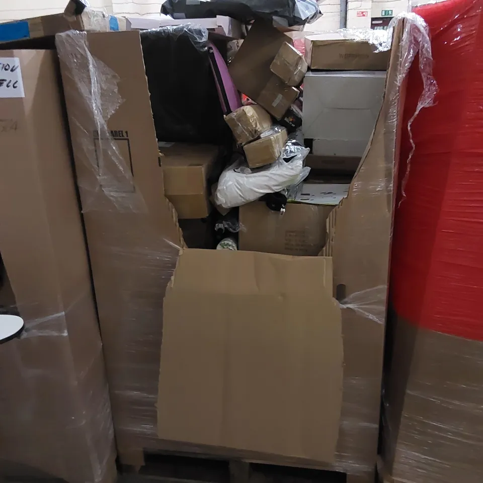 PALLET TO CONTAIN ASSORTED HOUSEHOLD ITEMS AND CONSUMER PRODUCTS. INCLUDES PET VACUUM GROOMING KIT, GIRLS PARTY TENTS, KIDS TRICYCLES ETC