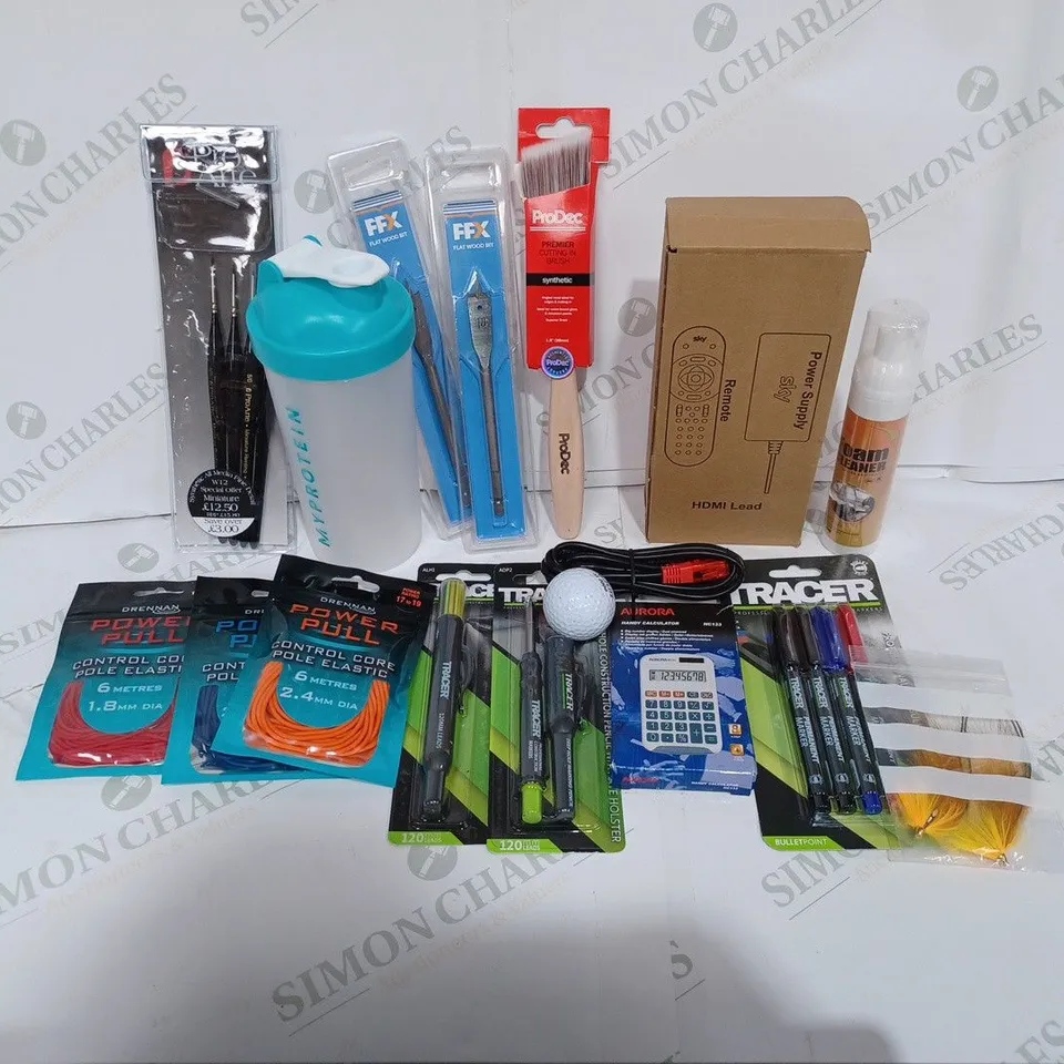 BOX TO CONTAIN APPROX. 30 X ASSORTED HOUSEHOLD PRODUCTS, INCLUDES SKY HDMI LEAD, CABLES, BRUSHES, DIY PRODUCTS, CALCULATOR ETC 