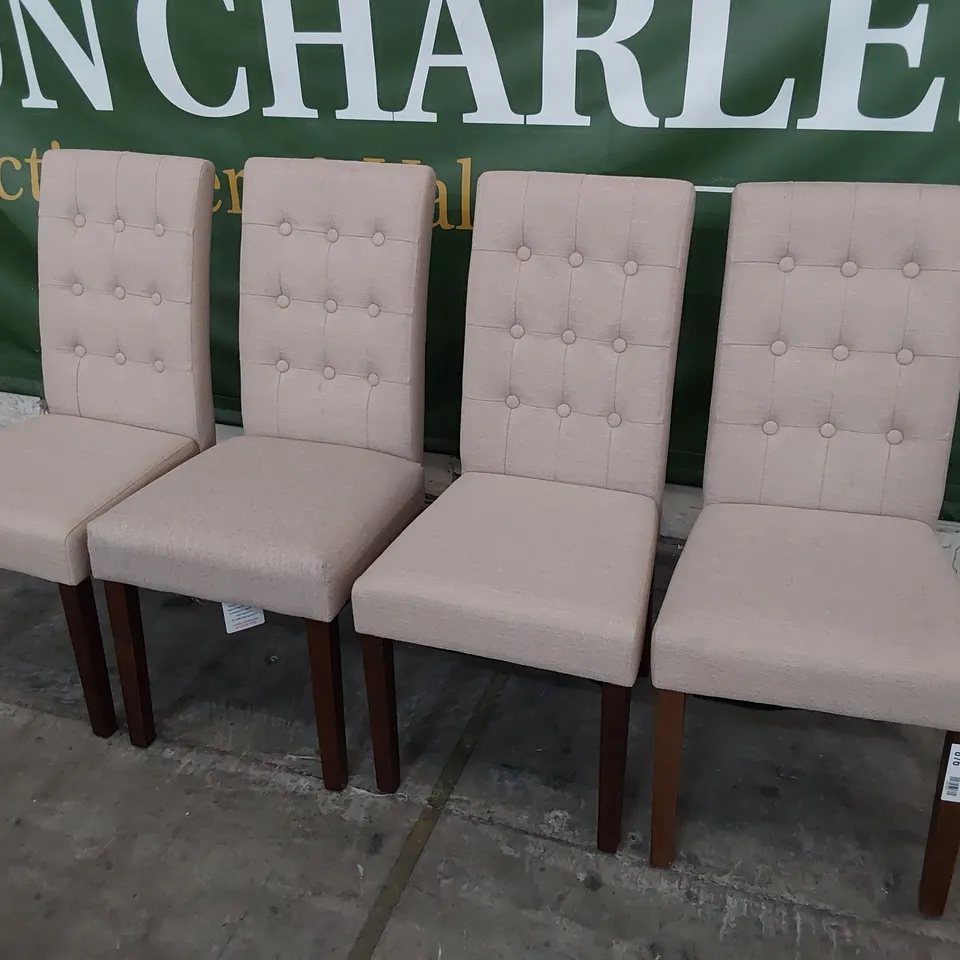SET OF FOUR UPHOLSTERED BUTTONED BACK DINING CHAIRS NATURAL FABRIC ON DARK LEGS