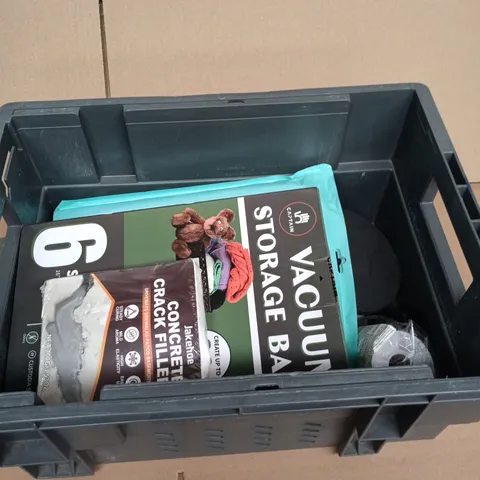 BOX OF APPROXIMATELY 10 ASSORTED GOODS INCLUDING JAKEHOE CONCRETE CRACK FILLER, VACUUM STORAGE BAG AND IPAD CASE
