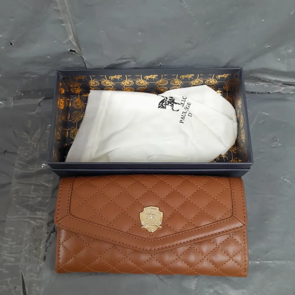 BOXED PAUL COSTELLOE DRESSAGE QUILTED PURSE IN LIGHT BROWN