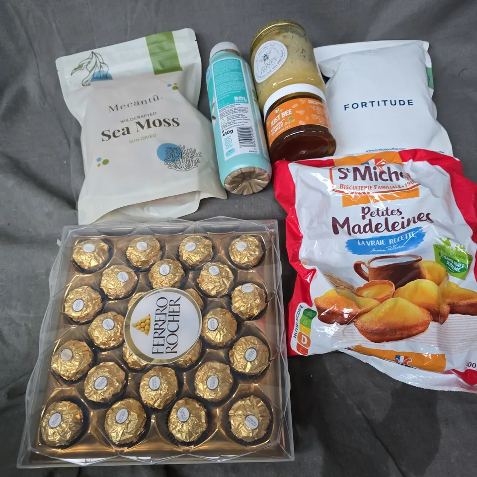 APPROXIMATELY 10 ASSORTED FOOD & DRINK ITEMS TO INCLUDE SEA MOSS, FERREO ROCHER, JUST BEE HONEY, ETC - COLLECTION ONLY