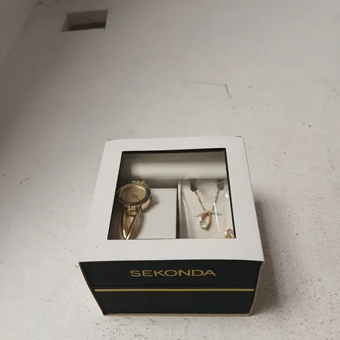 SEKONDA LADIES' JEWELLERY SET: GOLD-TONE WATCH WITH CRYSTALS + NECKLACE IN PRESENTATION BOX