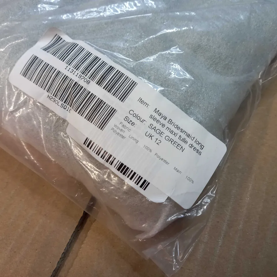 PACKAGED MAYA DELUXE SAGE GREEN/SEQUIN DETAIL BRIDESMAID LONG SLEEVE MAXI TULLE DRESS - SIZE 12