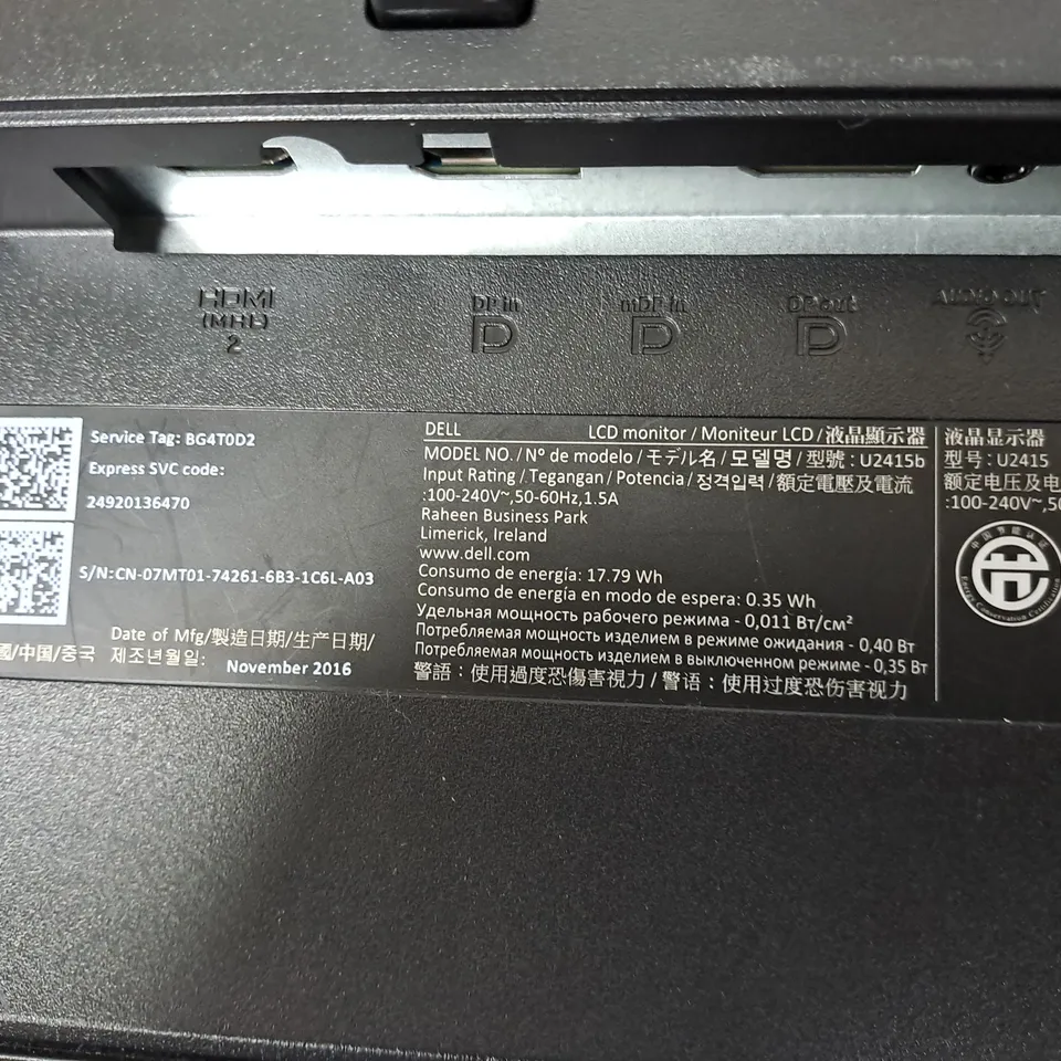 DELL 24" LCD MONITOR MIODEL U2415 SERIAL #CN-07MT01-74261-6B3-1C6L-A03