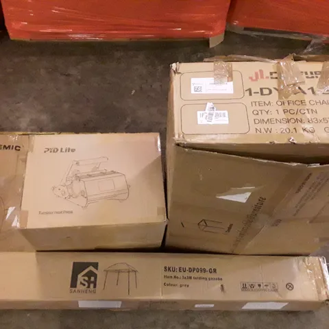 PALLET OF ASSORTED PRODUCTS INCLUDING OFFICE CHAIR, TUMBLER HEAT PRESS, 3×3M FOLDING GAZEBO, TOILET SEAT, TRUNKI KIDS SUITCASE