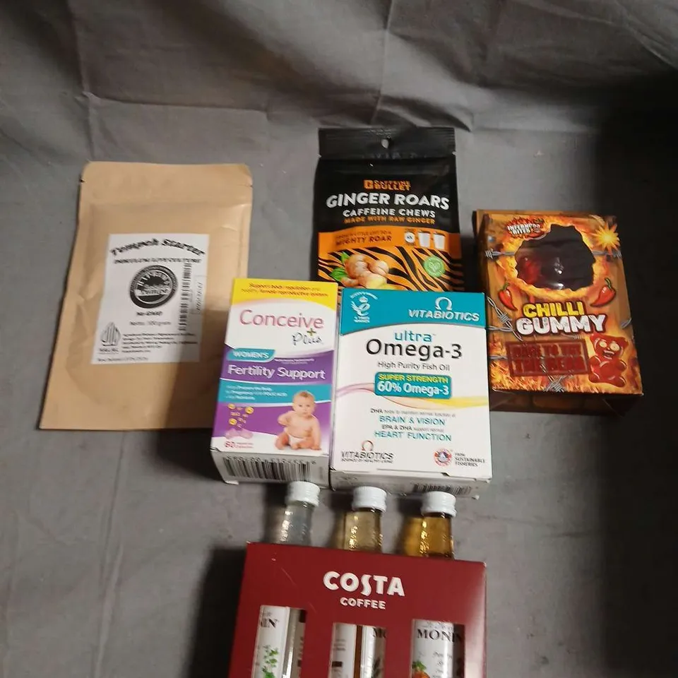 APPROXIMATELY 10 ASSORTED FOOD/DRINK PRODUCTS TO INCLUDE CAFFEINE CHEWS, CHILLI GUMMY, COFFEE SYRUPS ETC 