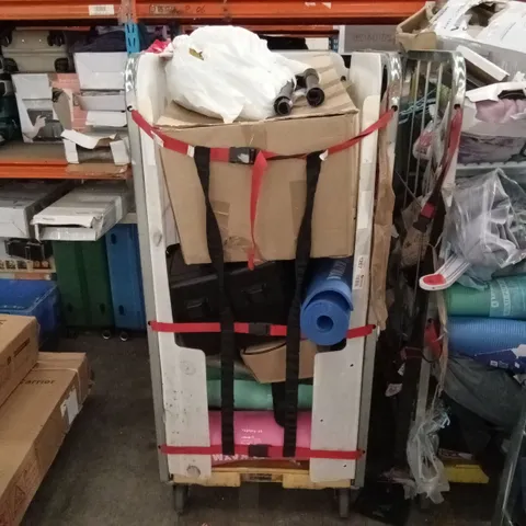 CAGE OF ASSORTED HOUSEHOLD GOODS AND PRODUCTS TO INCLUDE; YOGA MATS, SUITCASES ETC - CAGE NOT INCLUDED