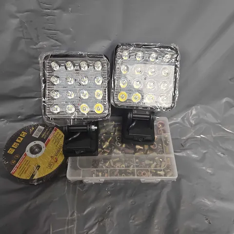 BOX OF ASSORTED HOME AND ACCESSORIES ITEMS TO INCLUDE - LED LIGHTS - BOLTS - DISK CUTTERS 
