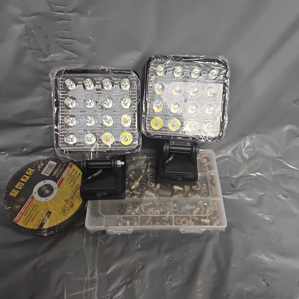 BOX OF ASSORTED HOME AND ACCESSORIES ITEMS TO INCLUDE - LED LIGHTS - BOLTS - DISK CUTTERS 