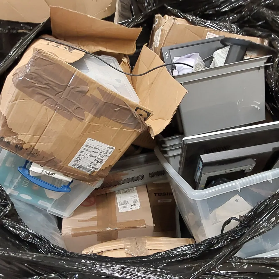 PALLET OF ASSORTED ITEMS INCLUDING; ROTTNER KEY CABINET, BOX OF ASSORTED HARD DRIVES, PAPER SHREDDERS ECT.