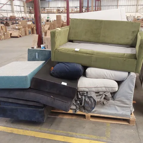 PALLET OF ASSORTED INCOMPLETE SOFA BED PARTS, PIECES AND CUSHIONS
