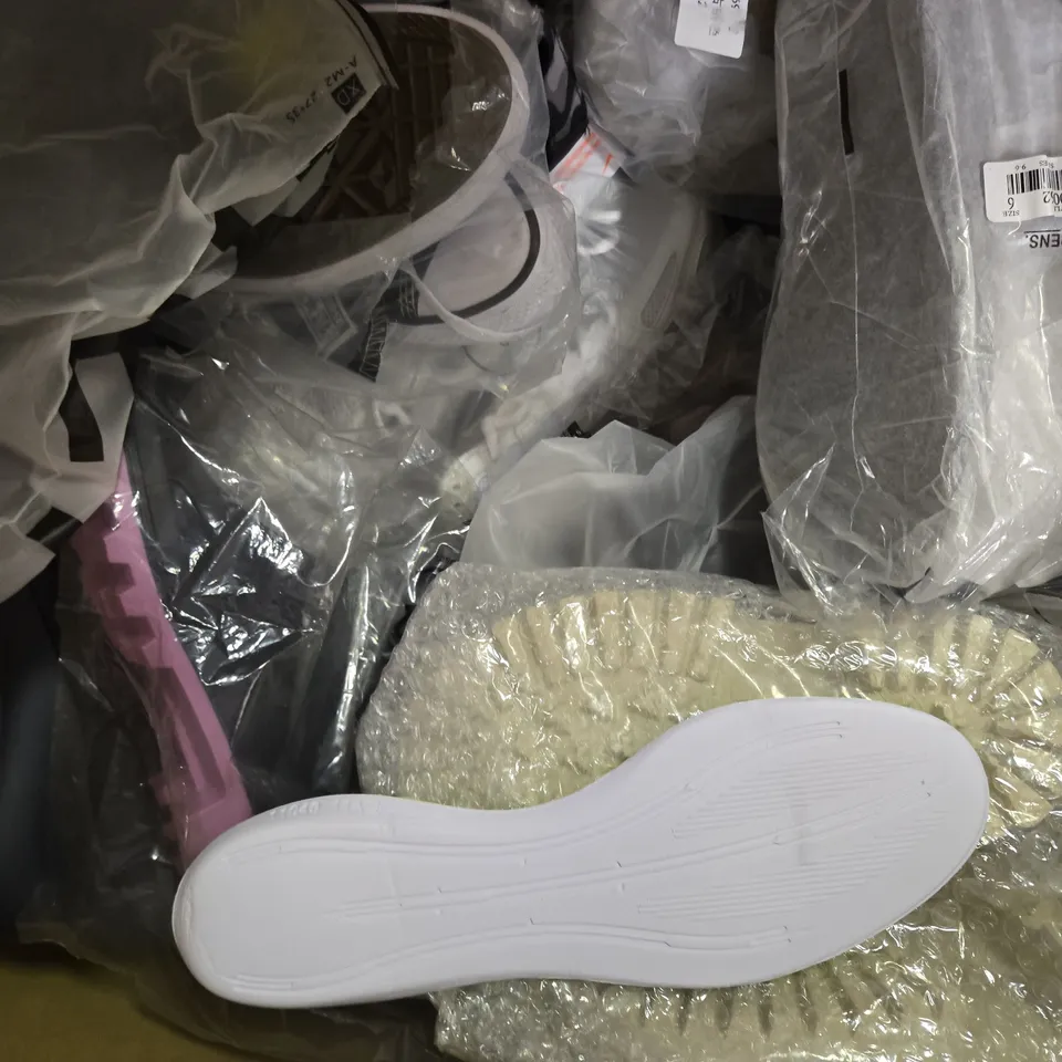 BOX OF APPROXIMATELY 15 ASSORTED PAIRS OF SHOES AND FOOTWEAR ITEMS IN VARIOUS COLOURS, STYLES, AND SIZES - COLLECTION ONLY