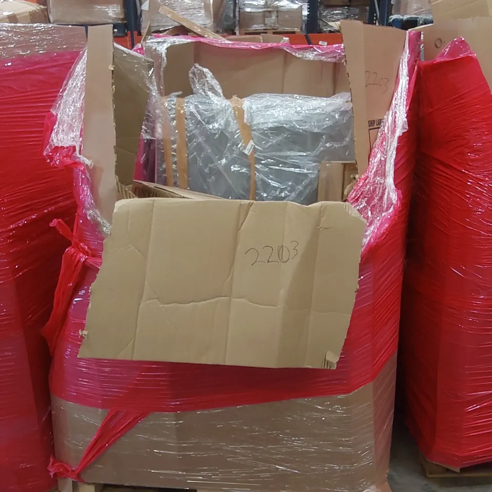 PALLET OF ASSORTED HOUSEHOLD ITEMS AND CONSUMER PRODUCTS TO INCLUDE; AIR COOLERS, BED FRAME, BOXED FURNITURE ETC 