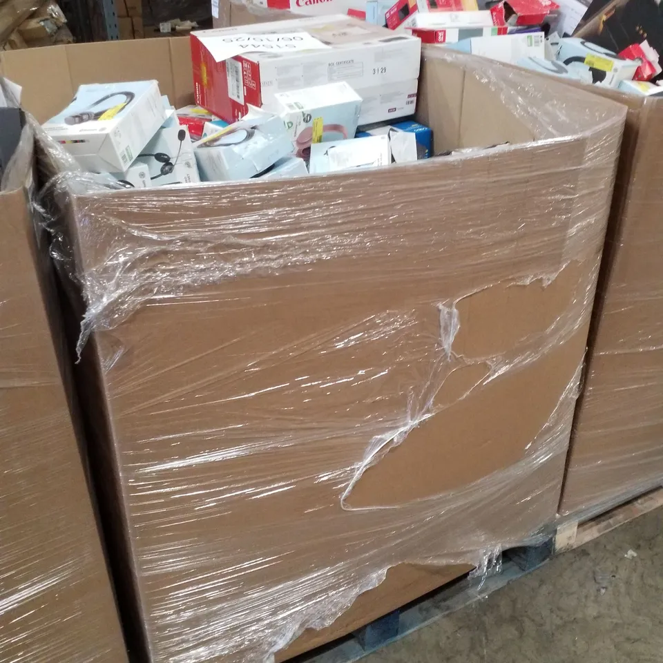 PALLET CONTAINING ASSORTED ELECTRICAL PRODUCTS INCLUDING BLUETOOTH BOOKSHELF SPEAKERS, CANON PIXMA TS3350 PRINTER, HP DESKJET 2810E PRINTER, AERIAL, BLUETOOTH CD BOOMBOX & KEYBOARD AND MOUSE COMBO SET
