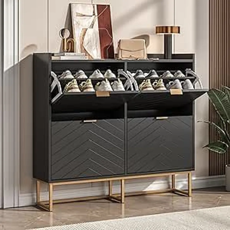 BOXED UEV SHOE CABINET WITH 4 FLAPS, NARROW SHOE CHEST WITH TILT PROTECTION, 99X24X91CM