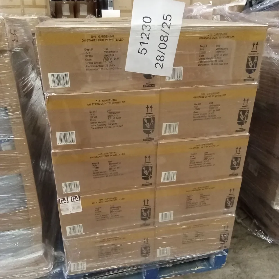 PALLET TO CONTAIN APPROXIMATELY 50 BOXES OF BRAND NEW GARDEN SOLAR STAKE LIGHTS // 36 STAKE LIGHTS PER BOX