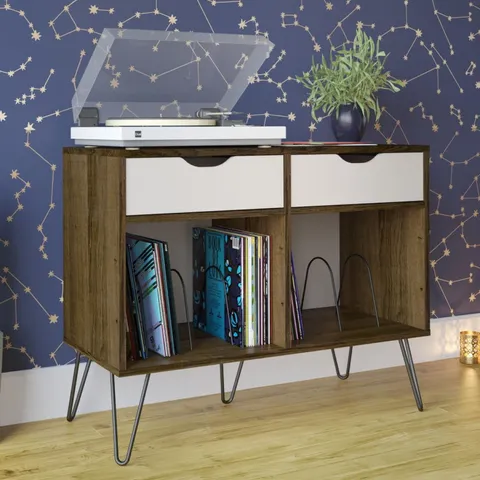 BOXED DOREL TURNTABLE STAND BROWN OAK CONCORD WITH WHITE DRAWERS