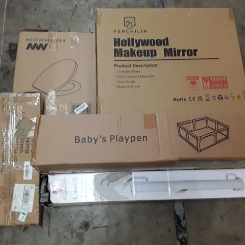 PALLET OF ASSORTED PRODUCTS INCLUDING BABY'S PLAYPEN, RETRACTABLE SAFETY GATE, HOLLYWOOD MAKEUP MIRROR, TOILET SEAT, SIDE TABLE, OFFICE CHAIR