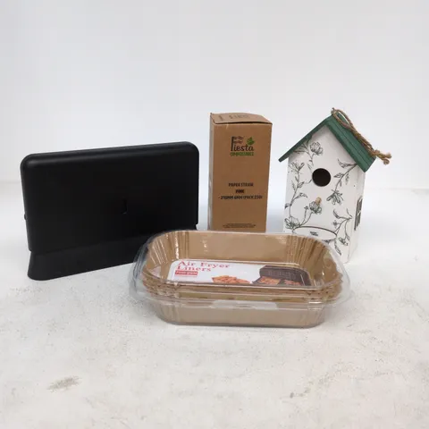 BOX OF APPROXIMATELY 20 ASSORTED ITEMS TO INCLUDE BIRDHOUSE, AIR FRYER LINERS, PAPER STRAW PACK, ROUTER ETC