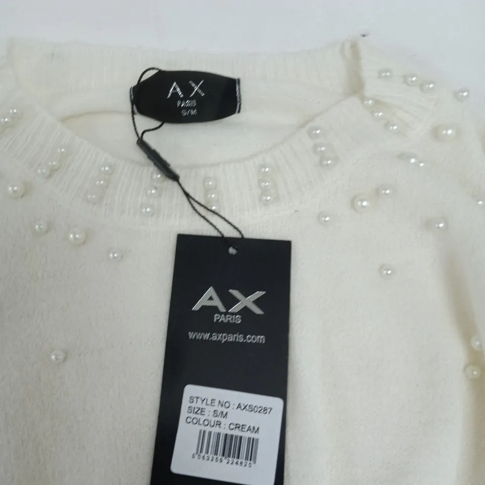 AX PARIS CREAM PEARL-EMBELLISHED KNIT JUMPER, UK 8