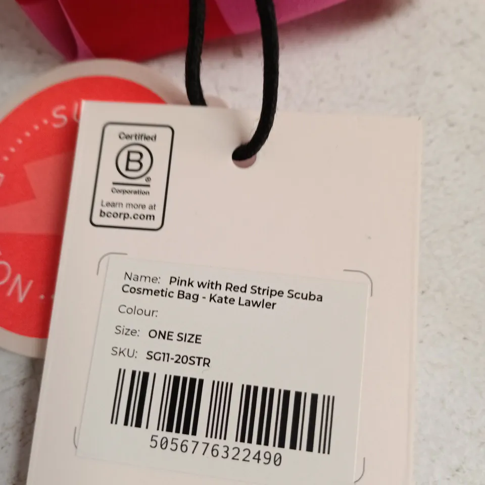 KATE LAWLER X SCAMP & DUDE PINK WITH RED STRIPE SCUBA COSMETIC BAG