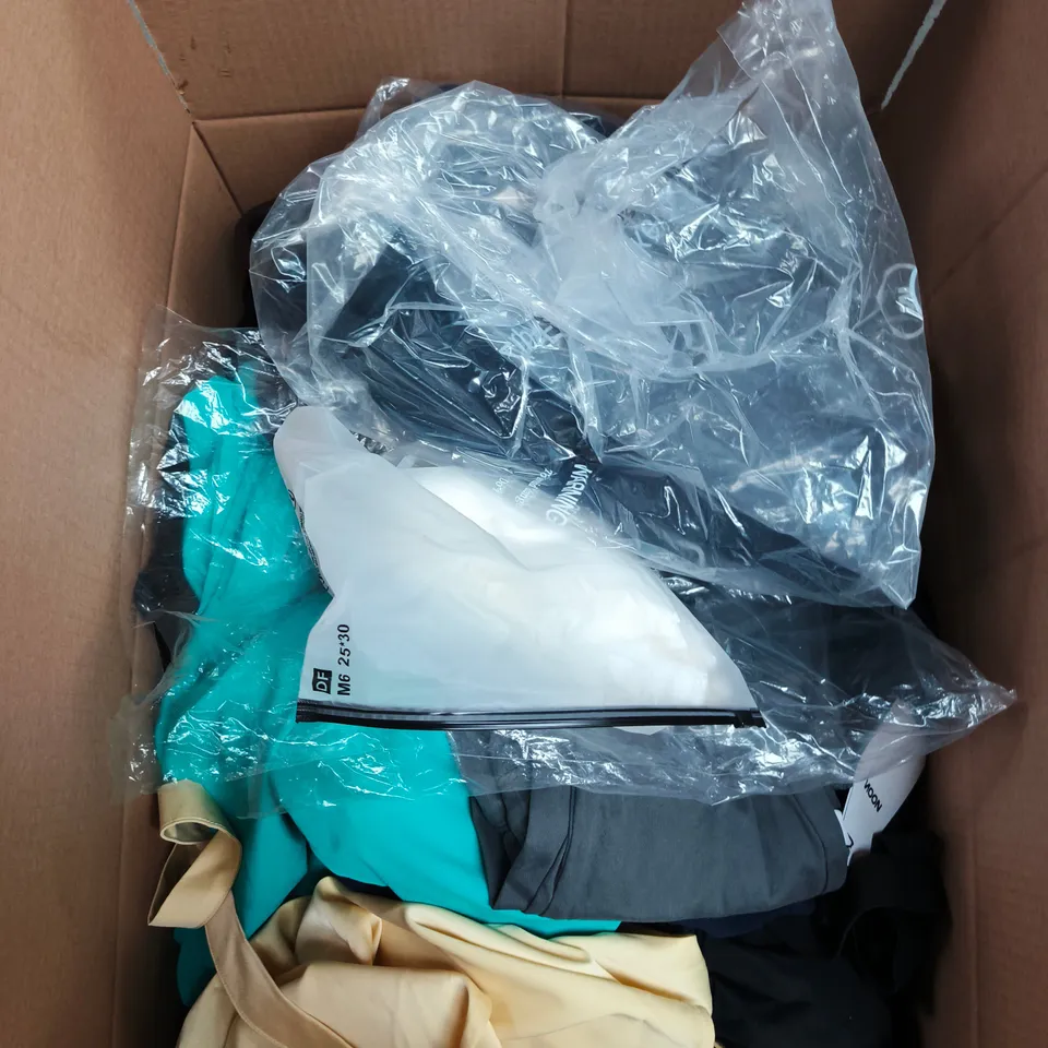 LARGE BOX OF APPROXIMATELY 25 ASSORTED CLOTHING ITEMS IN VARIOUS COLOURS, STYLES AND SIZES - COLLECTION ONLY