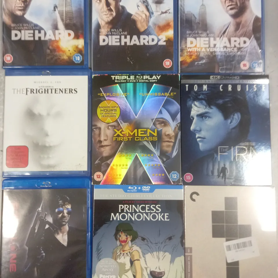 APPROXIMATELY 18 ASSORTED BLU RAYS TO INCLUDE; DIE HARD, DIE HARD 2, DIE HARD WITH A VENGEANCE, THE FRIGHTENERS, X MEN FIRST CLASS, THE FIRM AND PRINCESS MONOKE