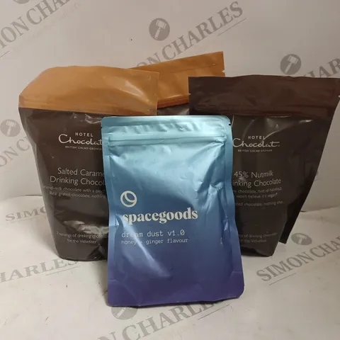 3 PACKS OF HOTEL CHOCOLAT DRINKING CHOCOLATE FOR HOTEL CHOCOLAT VELVETISER AND SPACEGOODS DREAM DUST