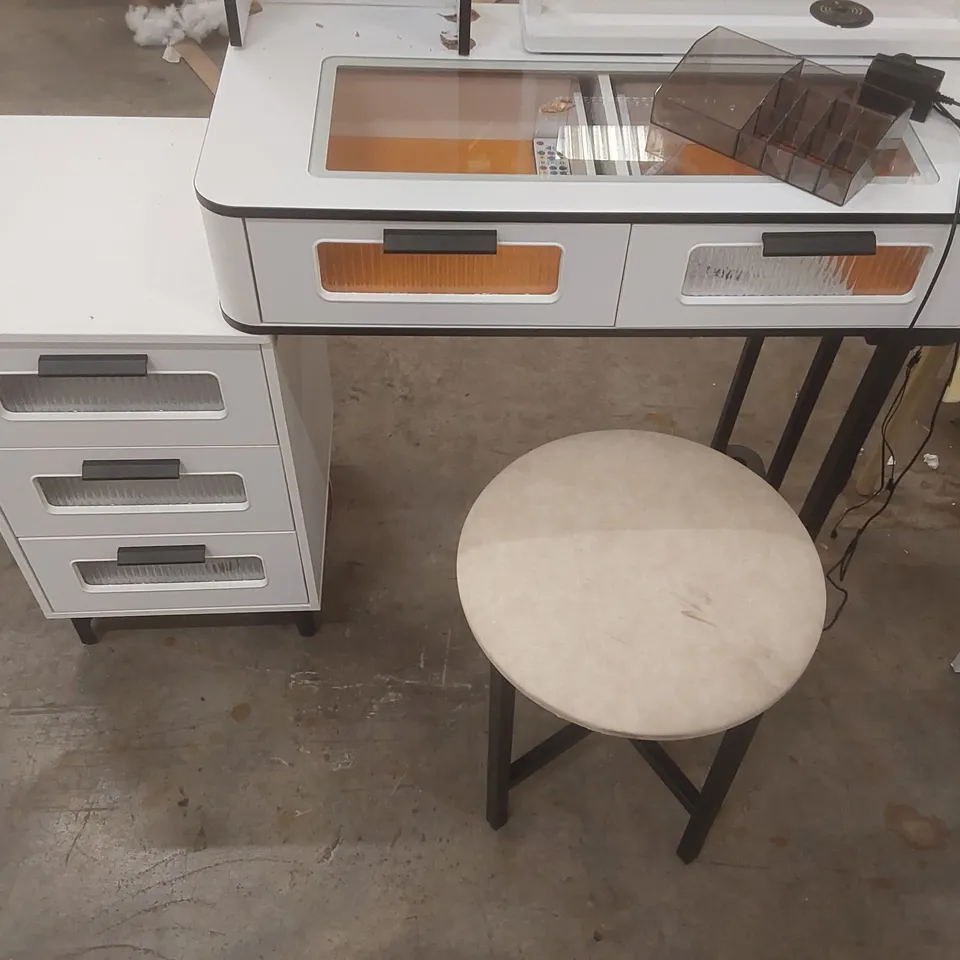 DRESSING TABLE WITH HUMAN SENSOR RGB LIGHTS, TEMPERED GLASS TOP, QUICK-CHARGING STATION AND STOOL