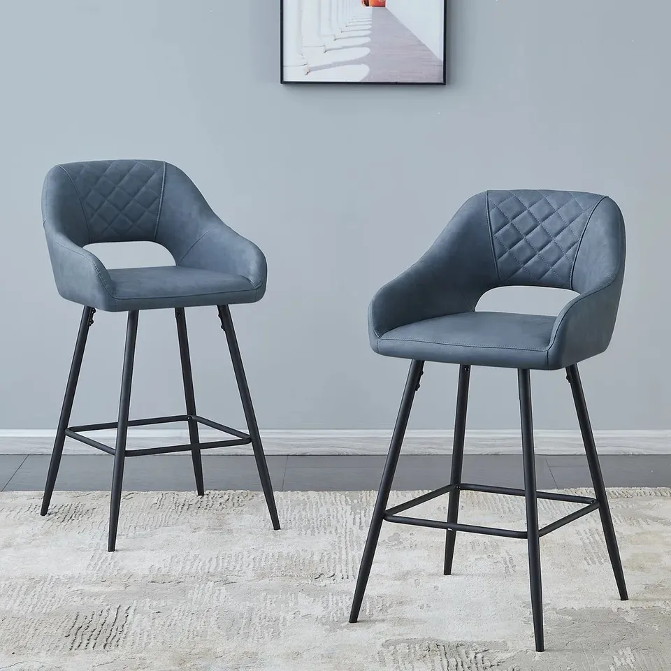BOXED SET OF 2 COWLES 67cm FAUX LEATHER UPHOLSTERED ARM BAR STOOLS - BLUE/GREY (1 BOX)